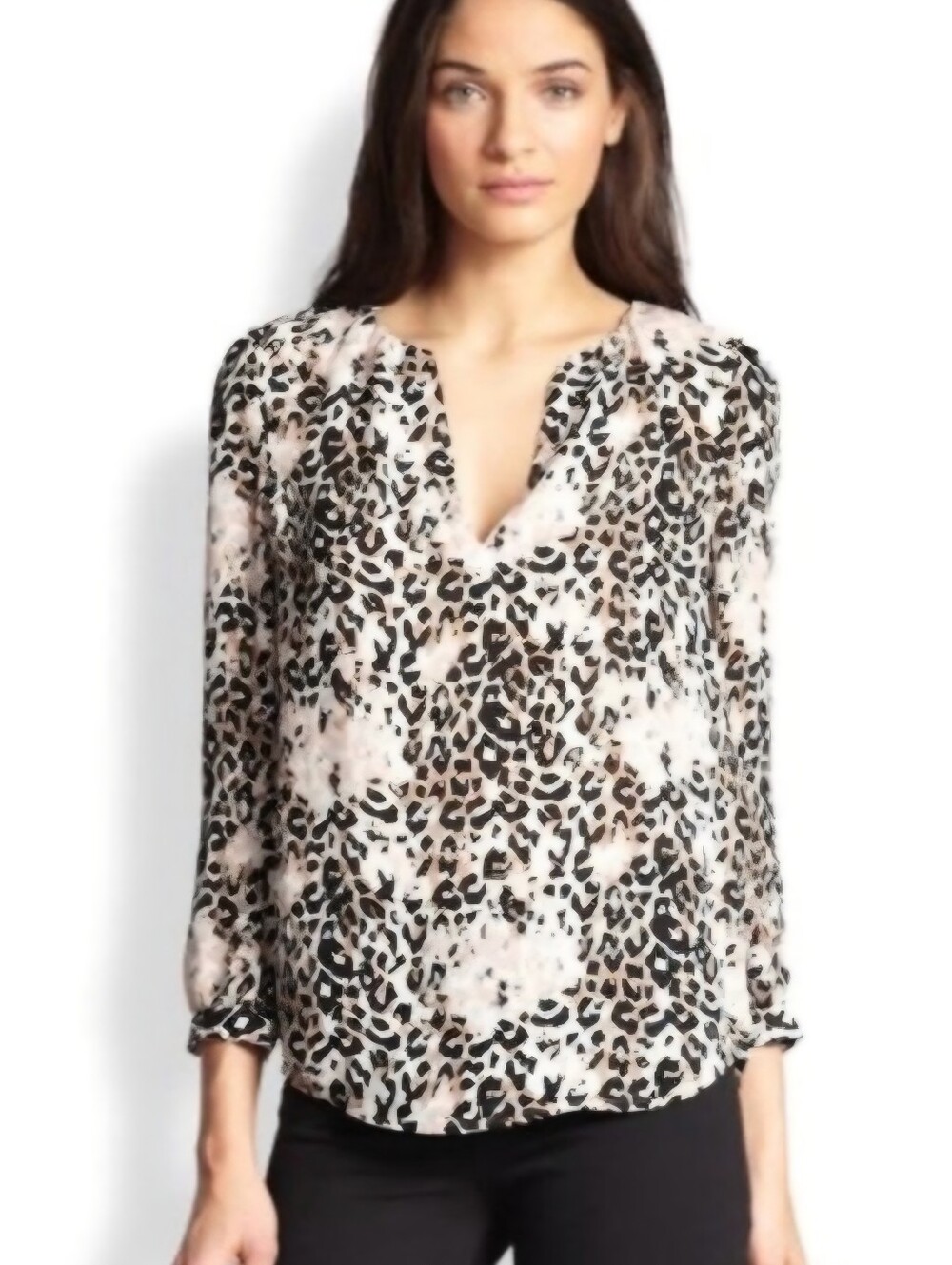 JOIE Women's Pearline Blouse Leopard Print Silk Georgette Split Neck Size Small.